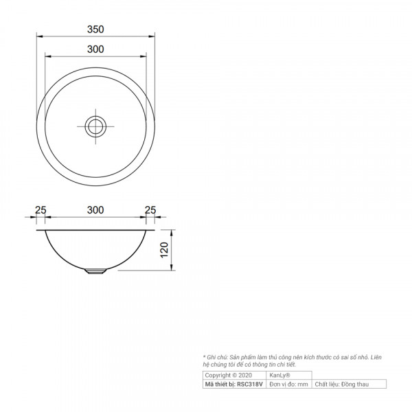 Chậu lavabo đặt bàn Kanly bằng đồng RSC318V