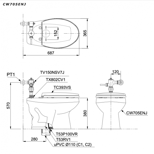 Bồn cầu đặt sàn nắp êm TOTO CW705ENJ (van xả trực tiếp)
