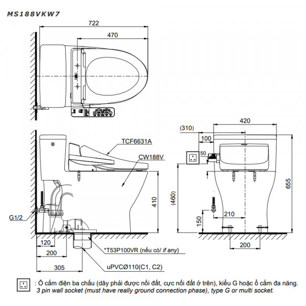 Bồn Cầu 1 Khối Nắp Điện Tử TOTO MS188VKW7/T53P100VR