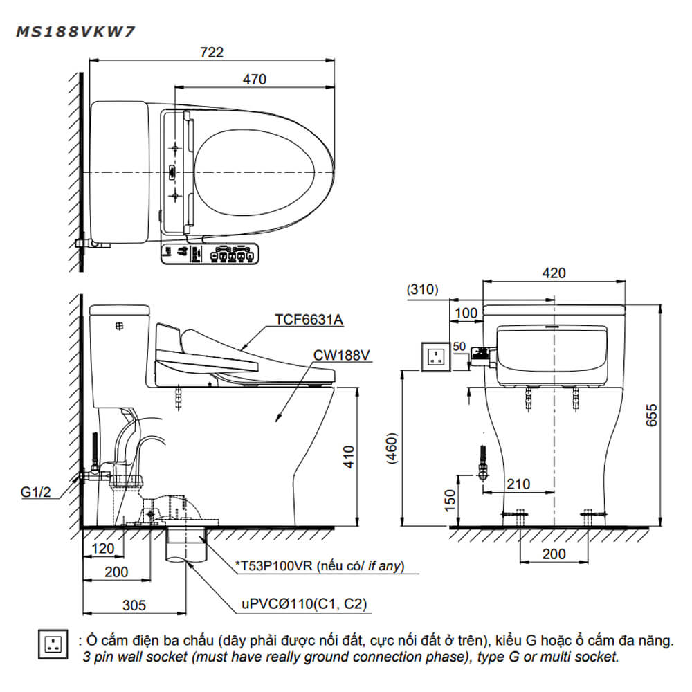 Bồn Cầu 1 Khối Nắp Điện Tử TOTO MS188VKW7/T53P100VR