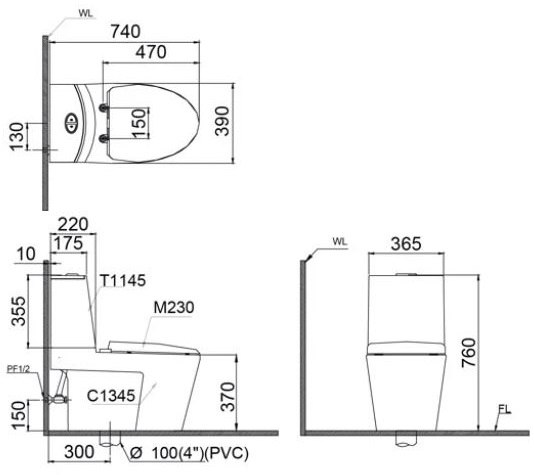Bồn cầu 2 khối nắp điện tử Caesar CD1345+TAF200H