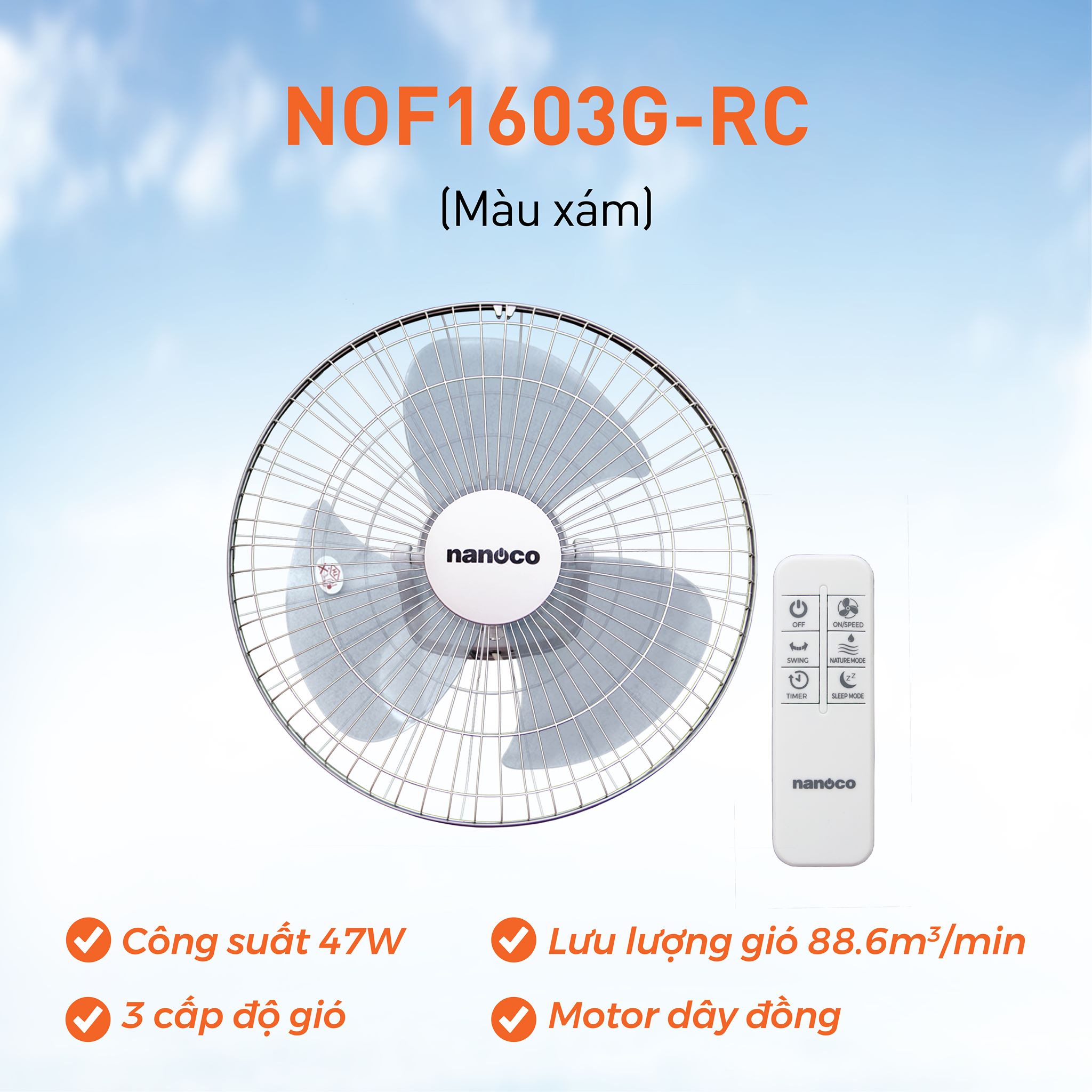 Quạt đảo trần Nanoco có remote NOF1603G-RC