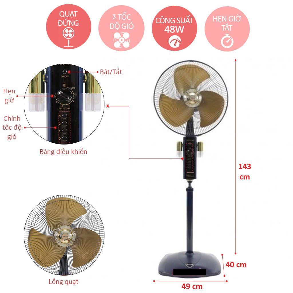 Quạt đứng 3 cánh Panasonic có đèn ngủ F-407WGO chiều cao 134-157 cm
