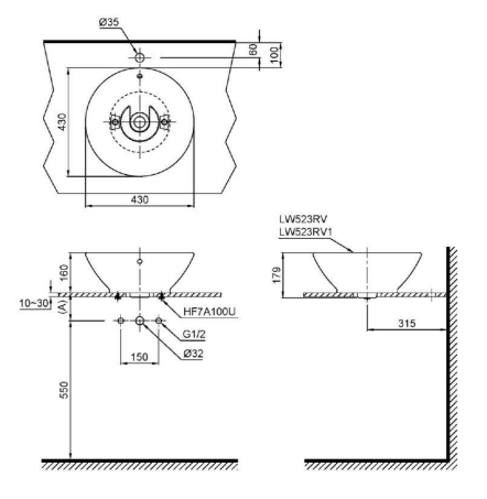 Bản vẽ kỹ thuật 2D chậu rửa mặt đặt bàn TOTO LT523