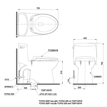 Bồn cầu 1 khối TOTO MS905T2#XW nắp đóng êm TC393VS