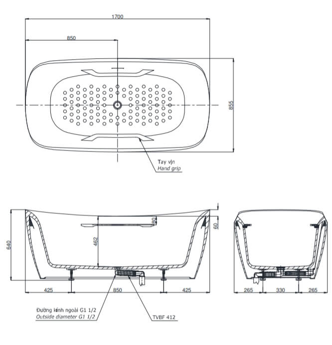 Bồn tắm đặt sàn TOTO PJY1734HPWEN#MW TVBF412 GALALATO 1m7 tay vịn gồm ống thải