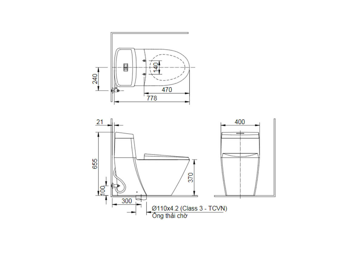 Bản vẽ kỹ thuật bồn cầu INAX 1 khối AC-909VRN-1
