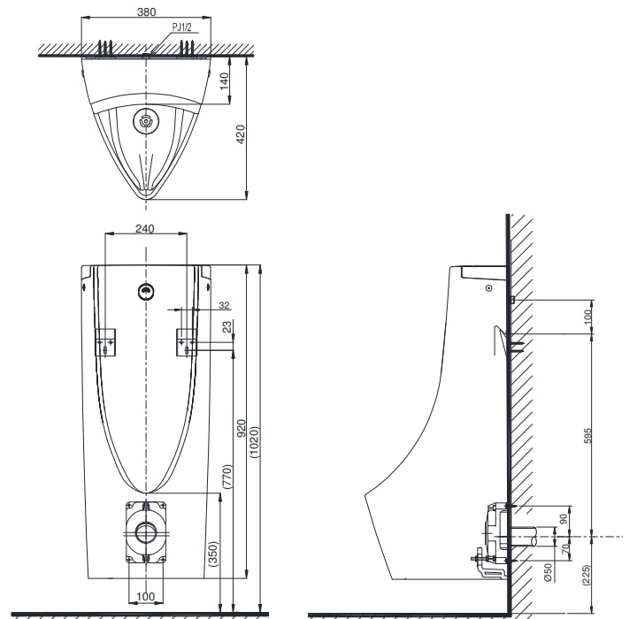 Bồn tiểu nam TOTO USWN900A HHF90603 treo tường kèm van cảm ứng