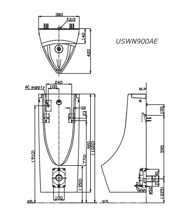 Bồn tiểu nam TOTO USWN900AE HHF90603 treo tường kèm van cảm ứng