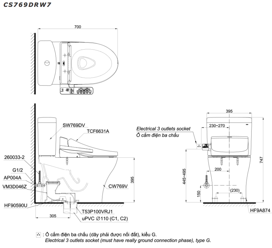 Bồn cầu nắp rửa điện tử TOTO 2 khối CS769DRW7