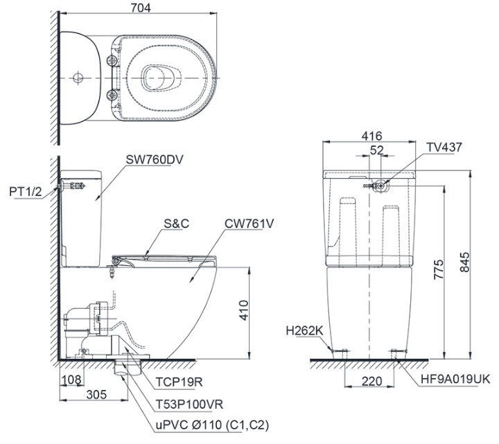 Bồn cầu 2 khối nắp rửa điện tử S7 TOTO CS761PDW5