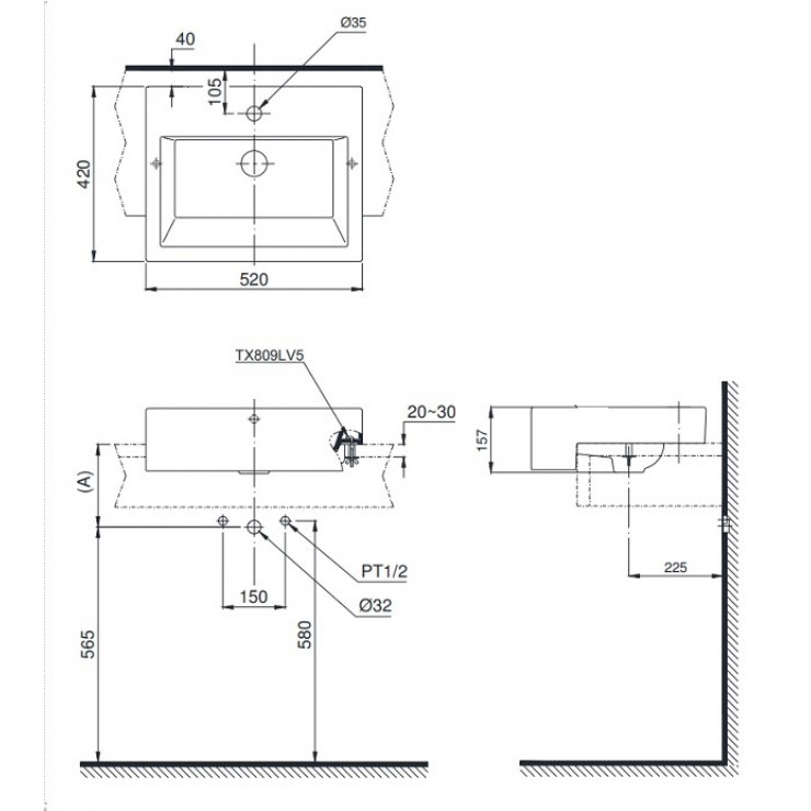 Bản vẽ kỹ thuật chậu rửa mặt lavabo bán âm bàn TOTO LT647CS