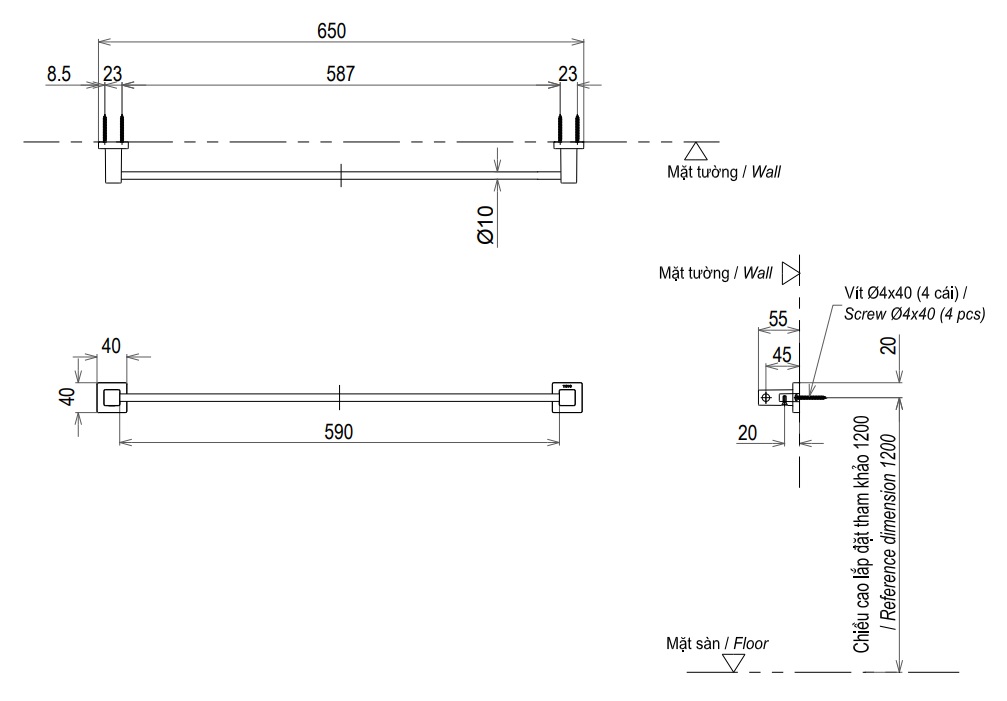 Thanh vắt khăn L vuông TOTO YT408S6RV