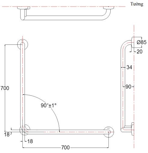 Thanh tay vịn chữ L TOTO T113BL9/T110D3R(x3)