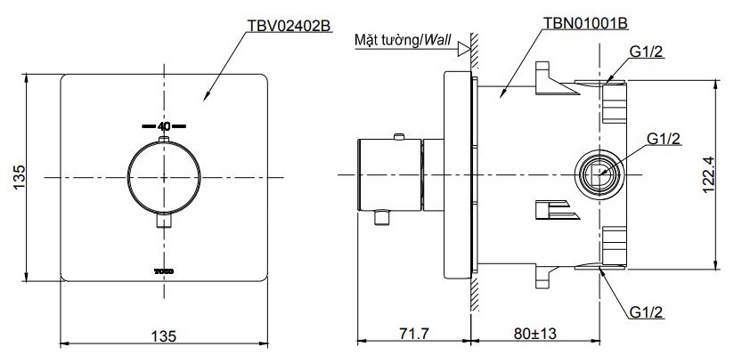Van điều chỉnh nhiệt độ TOTO TBV02402B kèm phụ kiện âm tường TBN01001B