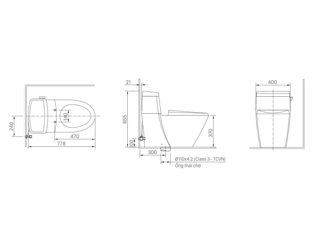 Bản vẽ kỹ thuật của bồn cầu INAX 1 khối AC-918VRN