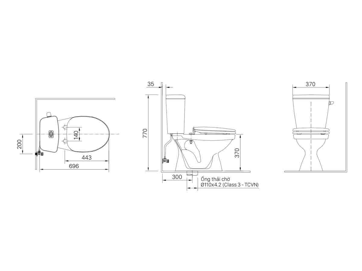Bản vẽ kỹ thuật của bồn cầu INAX 2 khối C-117VA