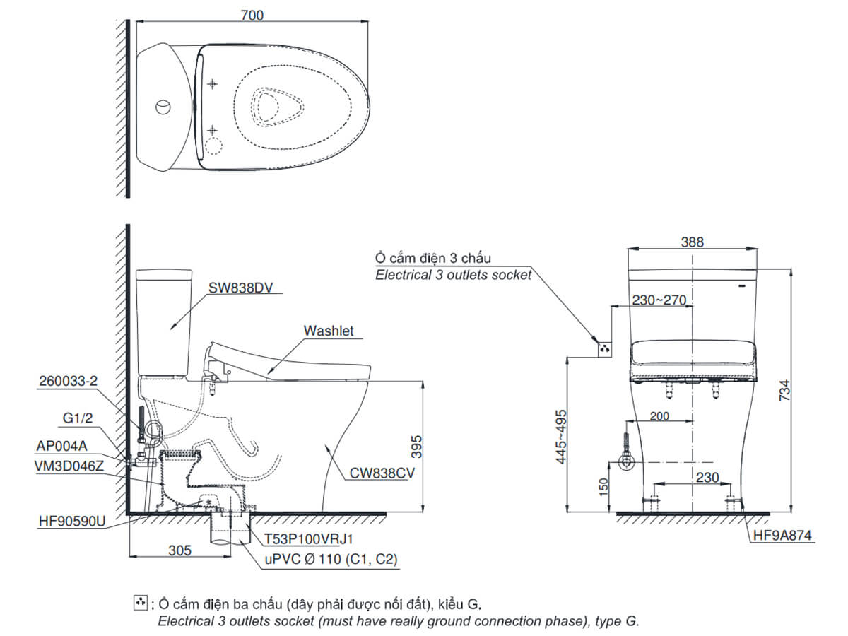 Bồn cầu nắp rửa điện tử TOTO 2 khối CS838CDW12