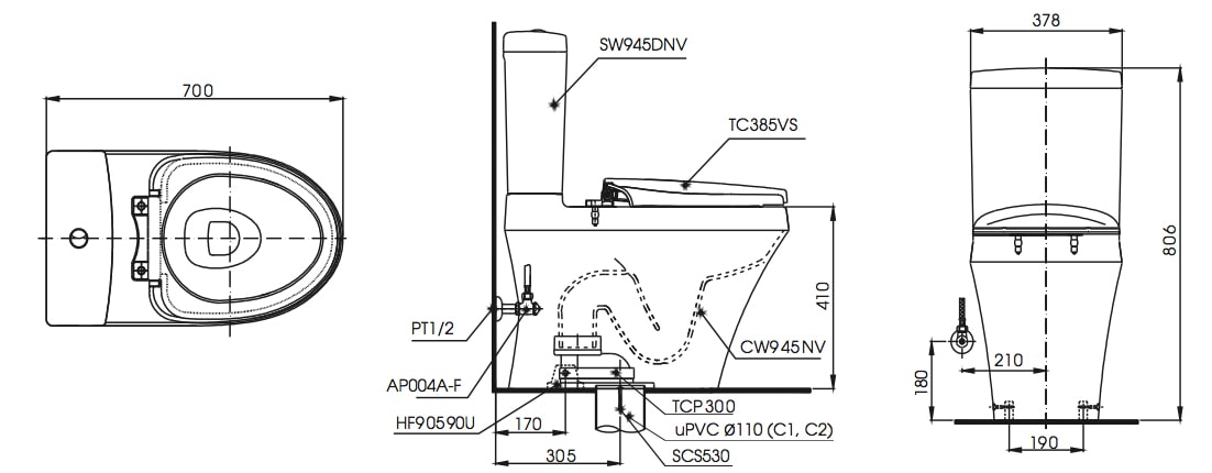 Sản phẩm bồn cầu TOTO 2 khối CS945DNT3