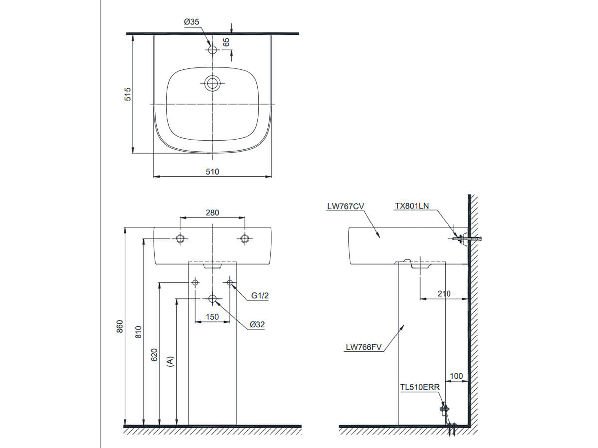 Chậu lavabo treo tường TOTO LPT767C chân dài
