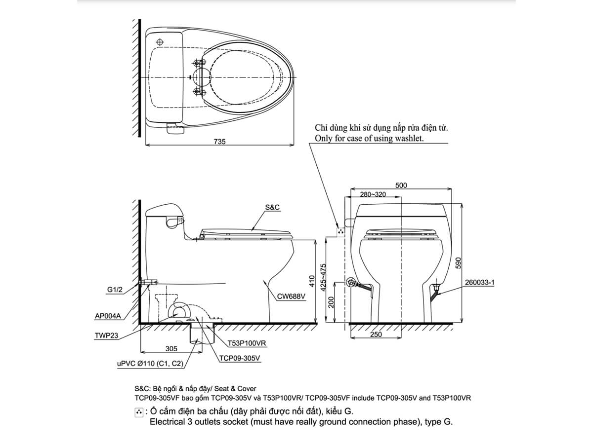 Bồn cầu TOTO MS688E2 1 khối nắp rửa cơ TCW07S