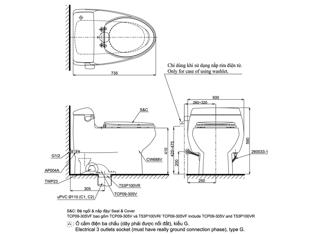 Bồn cầu 1 khối TOTO MS688T3#XW nắp đóng êm TC385VS