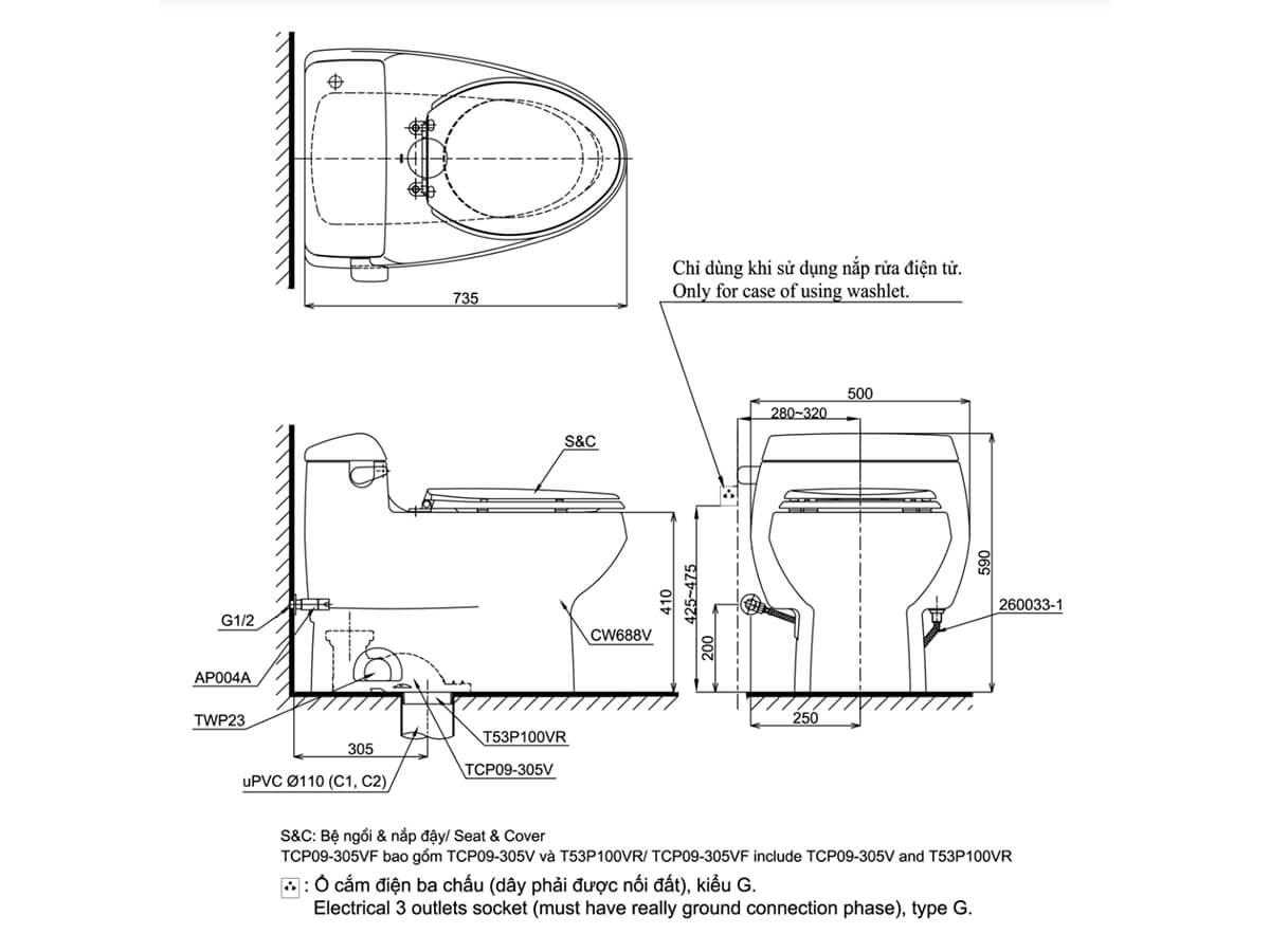 Bồn cầu 1 khối nắp rửa điện tử TOTO MS688W7 (bỏ mẫu)