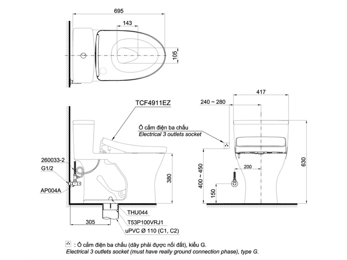 Bản vẽ kỹ thuật cầu TOTO MS855CDW12