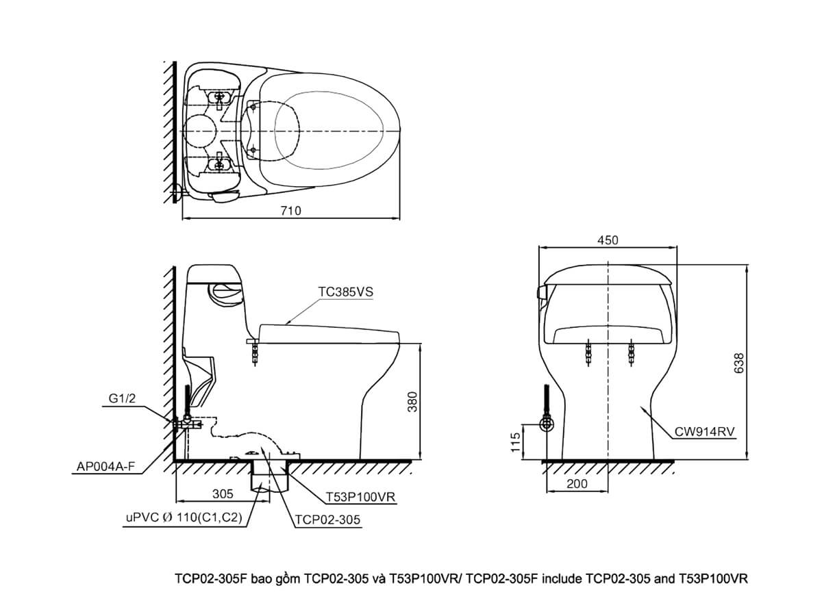 Bồn cầu 1 khối TOTO MS914RT3#XW nắp đóng êm TC385VS