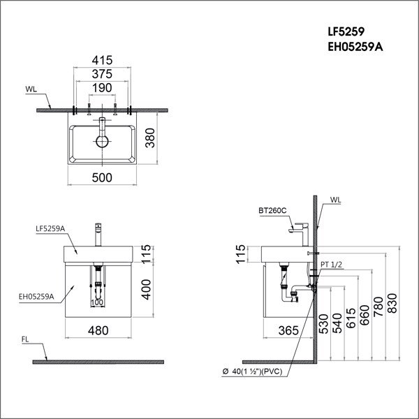 Tủ lavabo liền bàn Caesar LF5259+EH05259AV