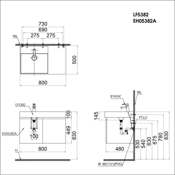 Bản vẽ Tủ lavabo treo tường Caesar LF5382+EH05382(AV/DWV)