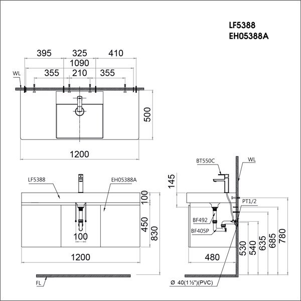 Bản vẽ Tủ lavabo treo tường Caesar LF5388+EH05388(AV/DWV)
