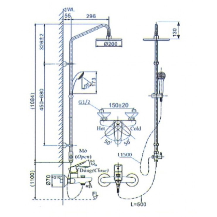 Bản vẽ kỹ thuật bộ sen tắm cây INAX BFV-1115S-3C