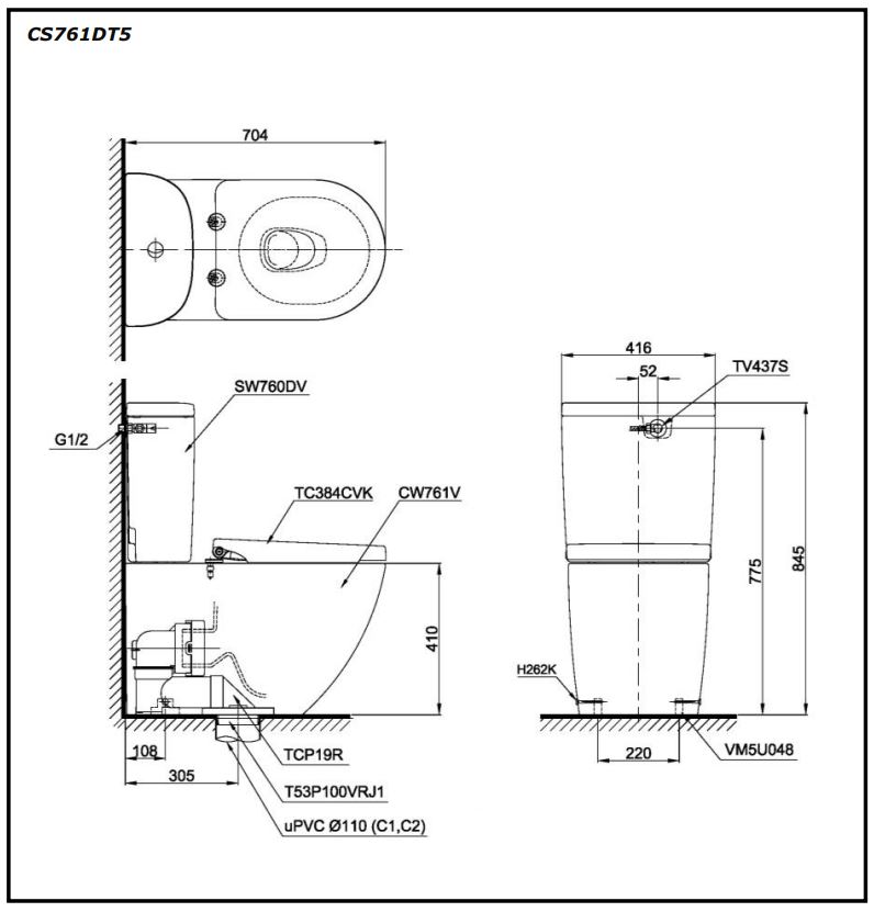 Bản vẽ kỹ thuật bồn cầu TOTO 2 khối CS761DT5