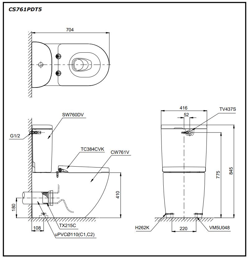 Bản vẽ kỹ thuật bồn cầu 2 khối TOTO CS761PDT5