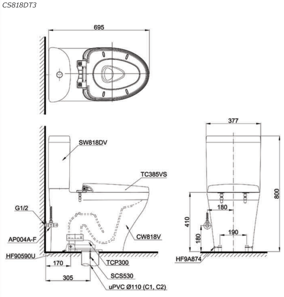 Bồn cầu 2 khối TOTO CS818DT3 nắp đóng êm TC385VS