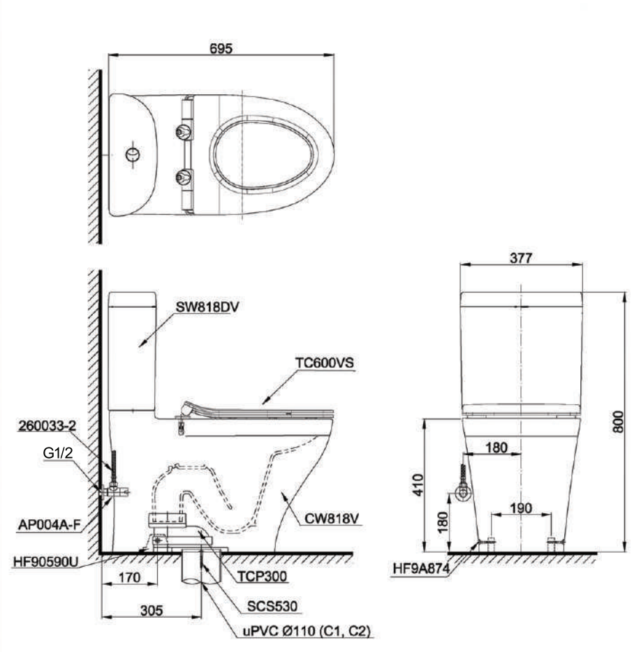 Bồn cầu 2 khối TOTO CS818DT8 nắp đóng êm TC600VS