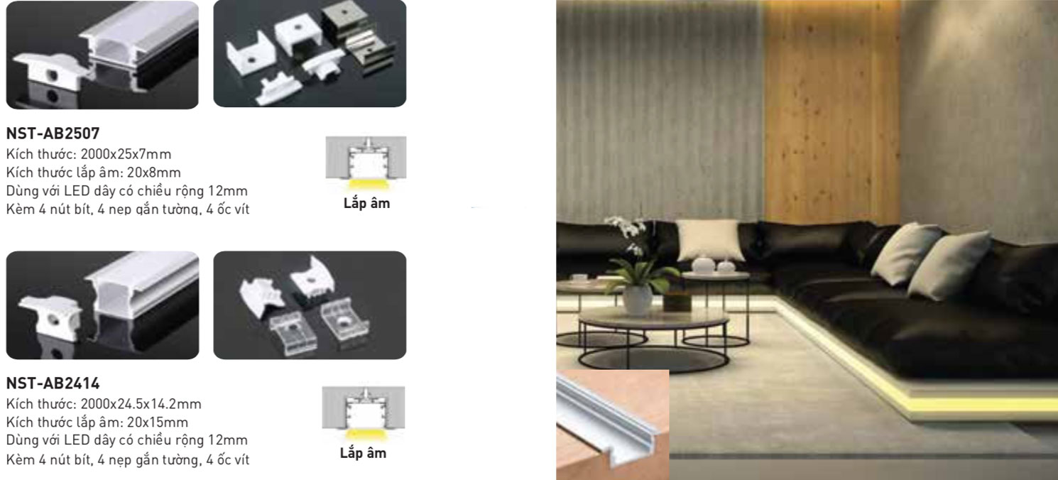 Nẹp nhôm dùng cho LED dây trong nhà Nanoco