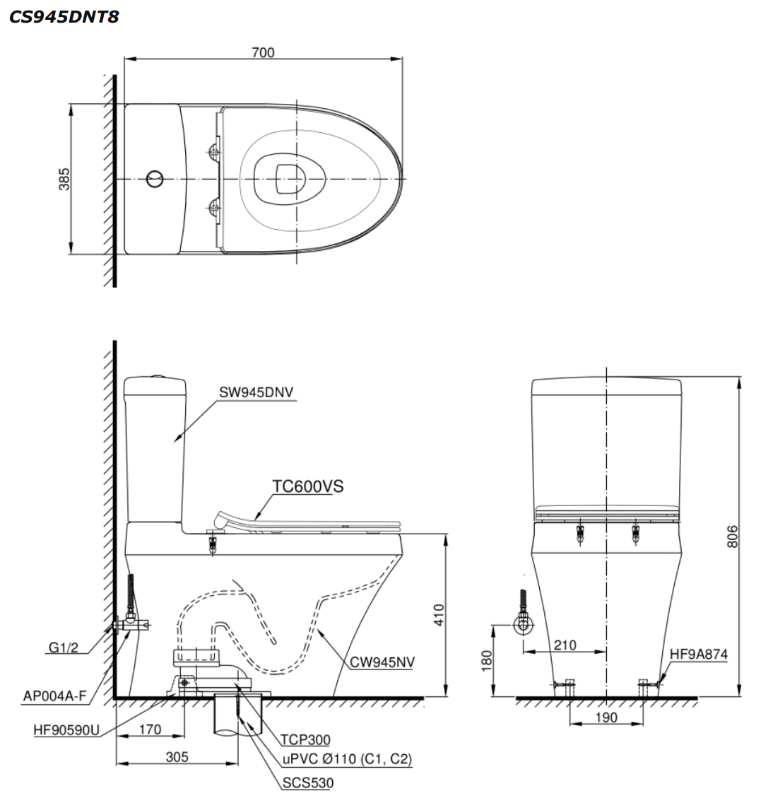 Bản vẽ bồn cầu TOTO 2 khối CS945DNT8