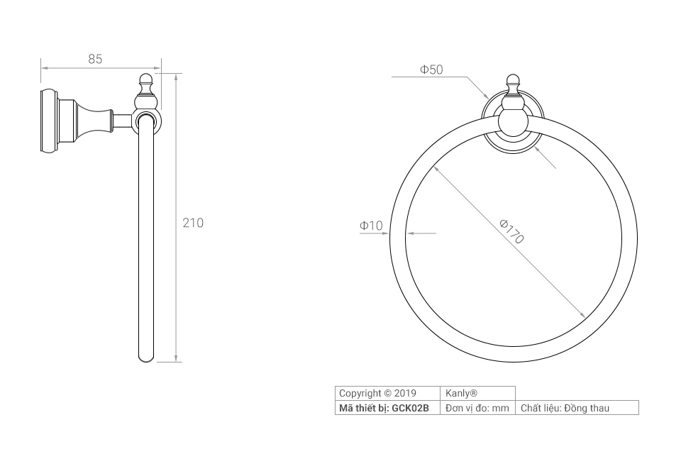 Vòng treo khăn bằng đồng Kanly GCK02B