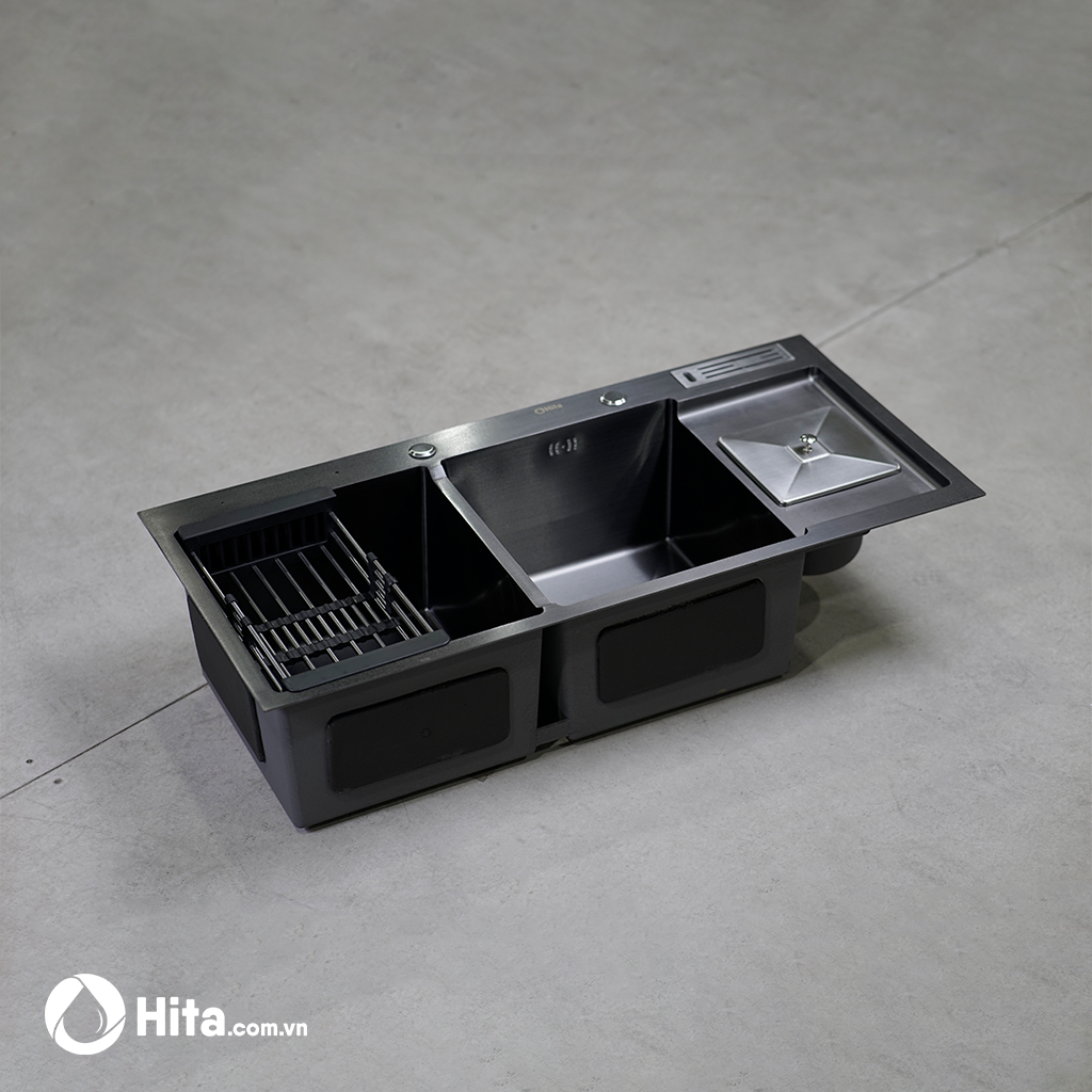 Chậu rửa chén có hộc rác phủ Nano Đen HITA HD10048GRND