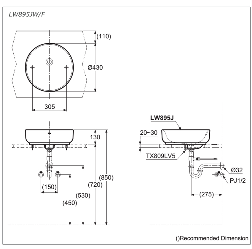 bản vẽ kỹ thuật chậu rửa mặt lavabo TOTO LW895JW/F