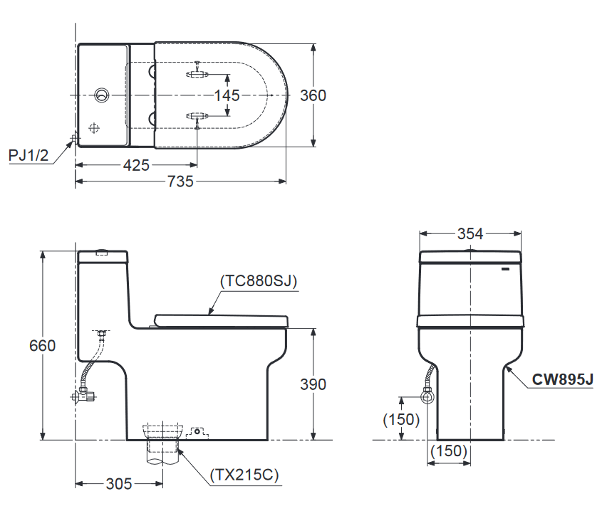 Bản vẽ kỹ thuật bàn cầu CW895 thân D TOTO
