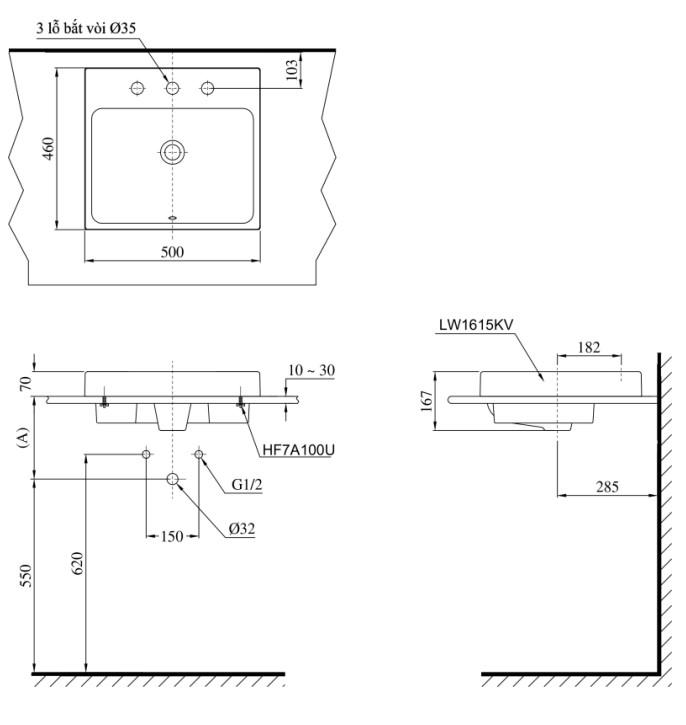 Chậu rửa lavabo đặt bàn TOTO LT1615K 3 lỗ