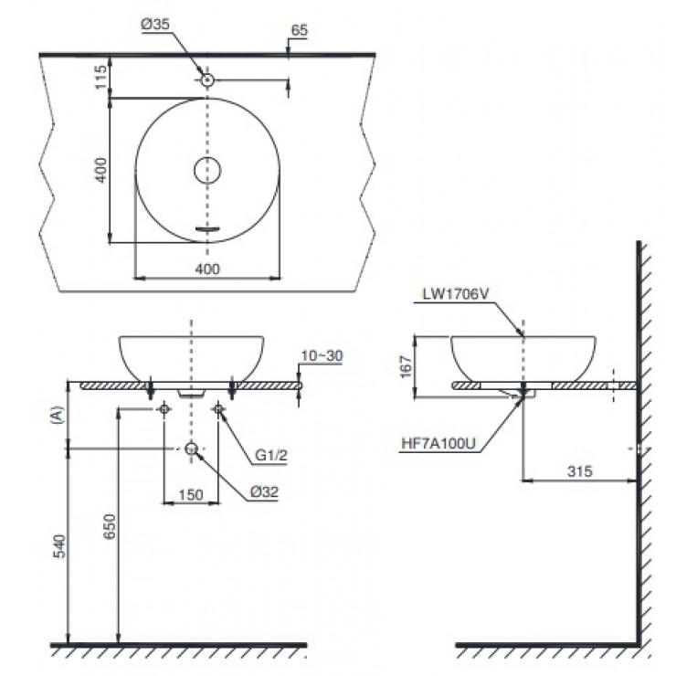 Bản vẽ chậu rửa mặt lavabo L1706 TOTO đặt bàn