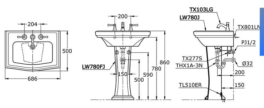 Bản vẽ lavabo chậu rửa LW780J#W+LW780FJ#W+TX801LN+TL510ERR