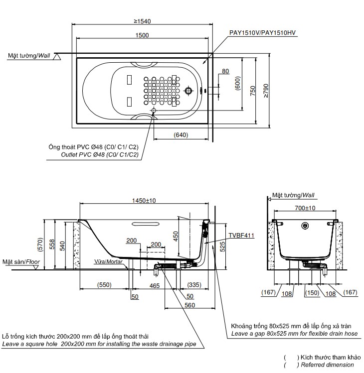 Bồn tắm TOTO PAY1510V#W TVBF411 nhựa 1m5 gồm bộ xả thải