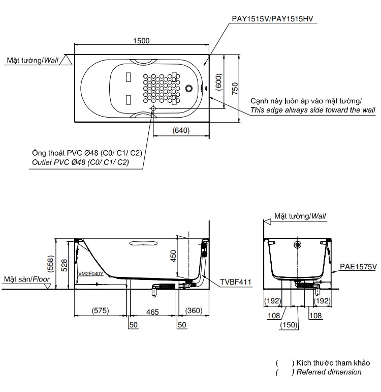 Bồn tắm yếm TOTO PAY1515HVC#W TVBF411 nhựa 1m5 tay vịn gồm bộ xả thải