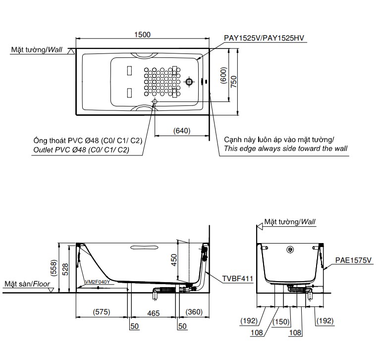 Bồn tắm yếm TOTO PAY1525VC#W TVBF411 nhựa 1m5 gồm bộ xả thải