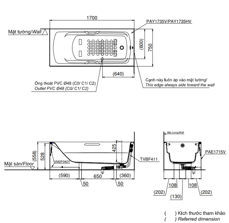 Bồn tắm yếm TOTO PAY1735HVC#W TVBF411 nhựa 1m7 tay vịn gồm bộ xả thải